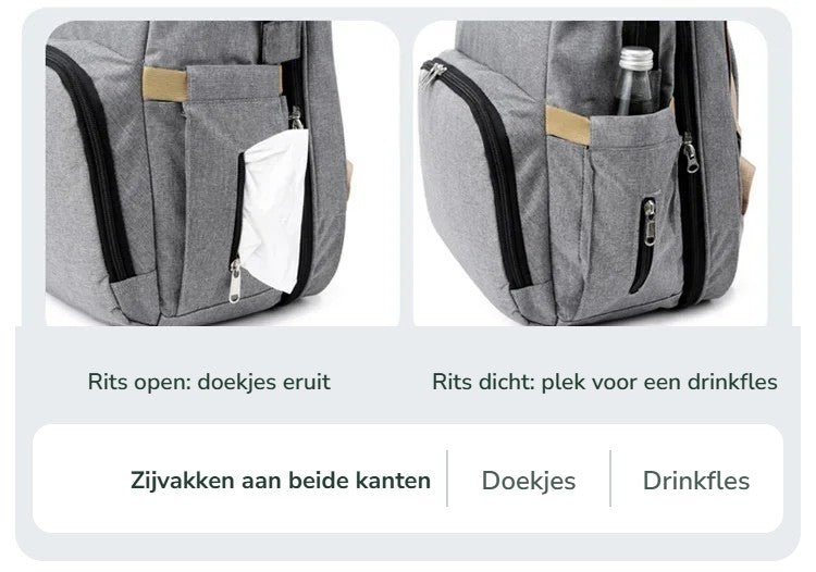 Zijvakken aan beide kanten voor doekjes en een drinkfles